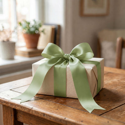 Gift box with green ribbon bow on wooden table in a cozy room