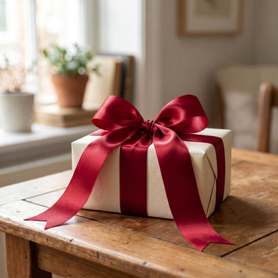 Gift box with red satin ribbon on wooden table in cozy home interior