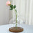Clear glass vase with pink rose, displayed on a wooden base.