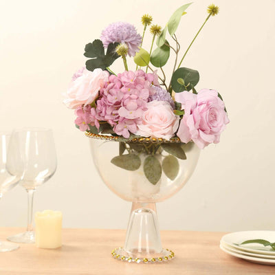 Glass Flower Vase Compote Pedestal Bowl Clear with Gold Beaded Rim 8" - Round Footed Candy Dessert Display Stand