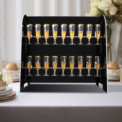 2-Tier Champagne Glass Holder Display Stand Table Top 25" in Glossy Black with 18 Hooks, Stylish Stemware Rack Cocktail Drink Holder for DIY Bars & Celebrations
