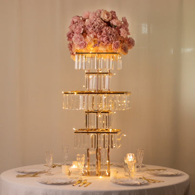 Crystal Pendant 5-Tier Table Centerpiece Chandelier in Gold, 40" Flower Stand Metal Vase Square Pedestal with Hanging Crystals