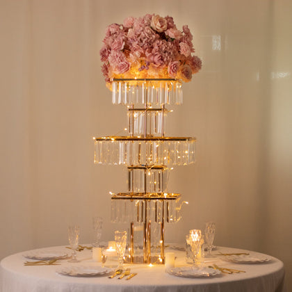 Crystal Pendant 5-Tier Table Centerpiece Chandelier in Gold, 40" Flower Stand Metal Vase Square Pedestal with Hanging Crystals