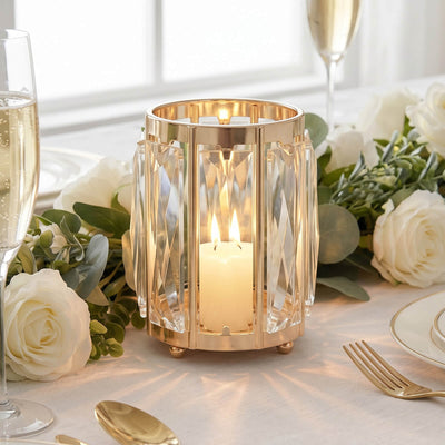 6 Pack 5" Gold Pillar Candle Holders, Metal Frame Cylinder Cups with Faceted Crystal Pendant Panels