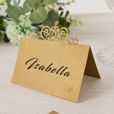 50-Pack Gold Place Cards for Seating with Laser Cut Crown Design – Printable Reservation Self Standing Cards - 2"x4"