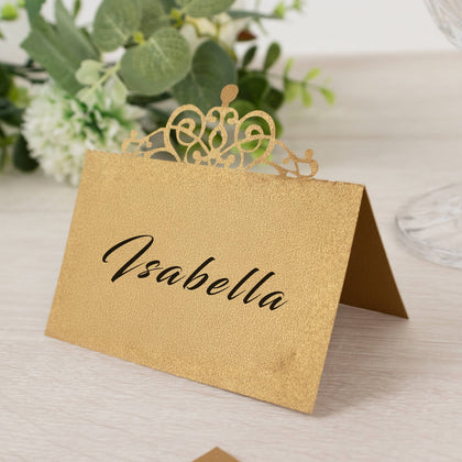 50-Pack Gold Place Cards for Seating with Laser Cut Crown Design – Printable Reservation Self Standing Cards - 2"x4"