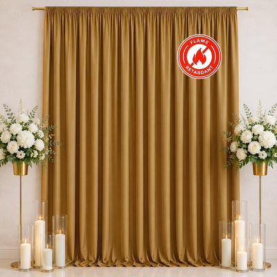 Gold flame-retardant curtain backdrop with white floral and candle decor
