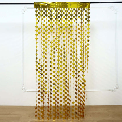 Gold Heart Chain Foil Fringe Curtain Party Backdrop, Metallic Gold Tinsel Streamer Party Decor - Door Window Foil Curtain 3ftx6.5ft