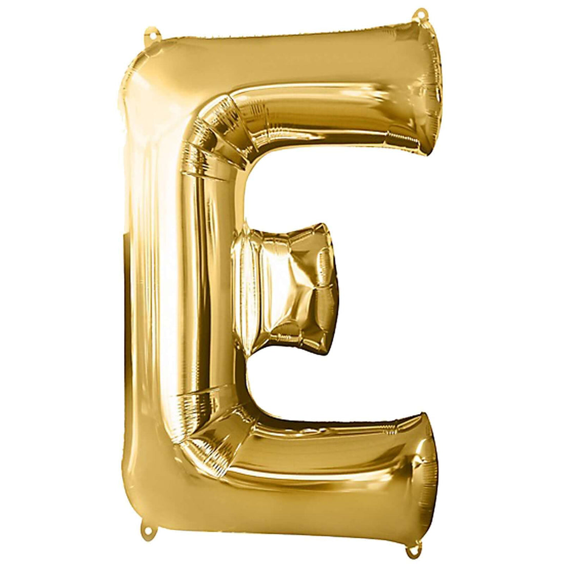 Gold foil balloon letter "E" in a studio-style isolation shot.