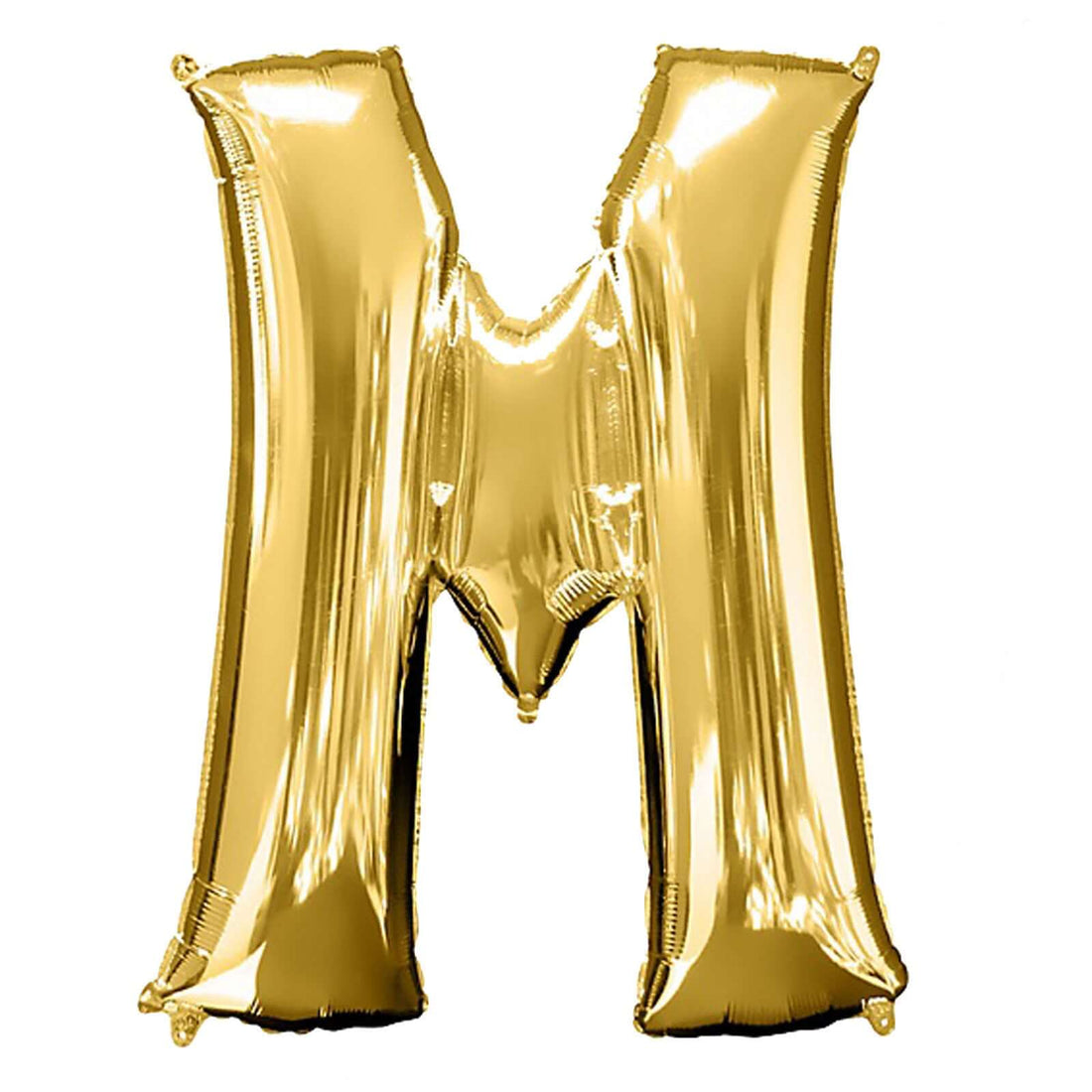 Gold foil letter "M" balloon on a plain backdrop.