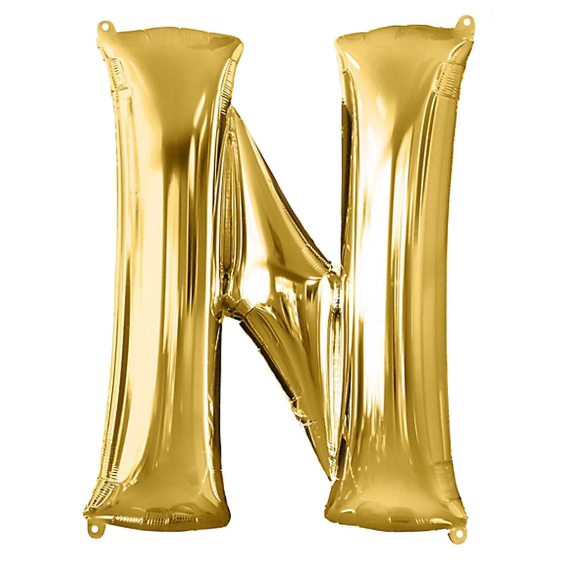 Gold foil balloon letter N on a plain white background.