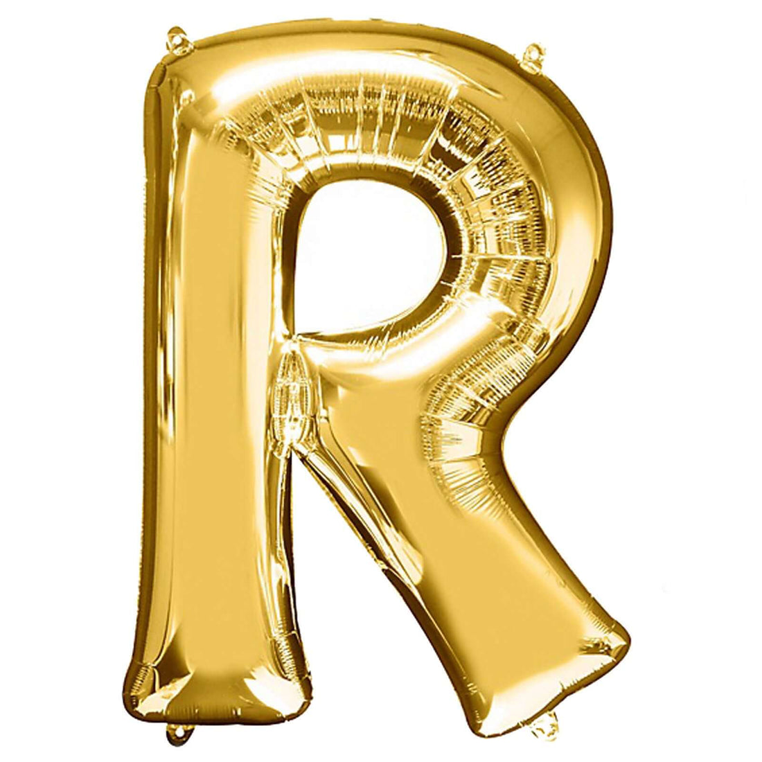 Gold foil balloon letter R on a plain background.