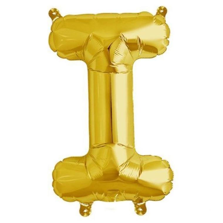 Gold foil letter "I" balloon on a plain background.