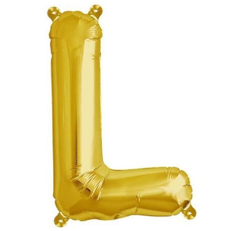 Gold foil letter L balloon on a plain background