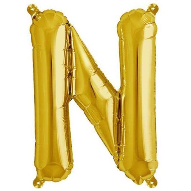 Gold foil balloon letter "N" on a plain background.