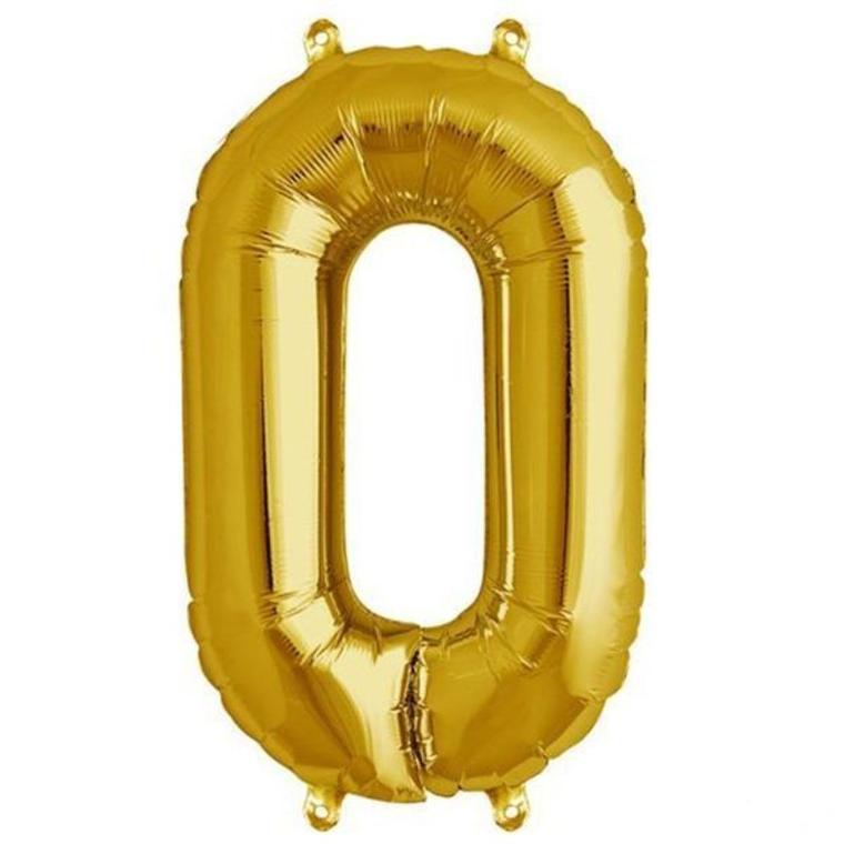 Gold foil balloon shaped like the number zero.