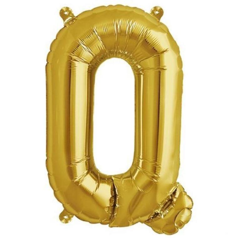 Gold foil balloon shaped like the letter "Q"