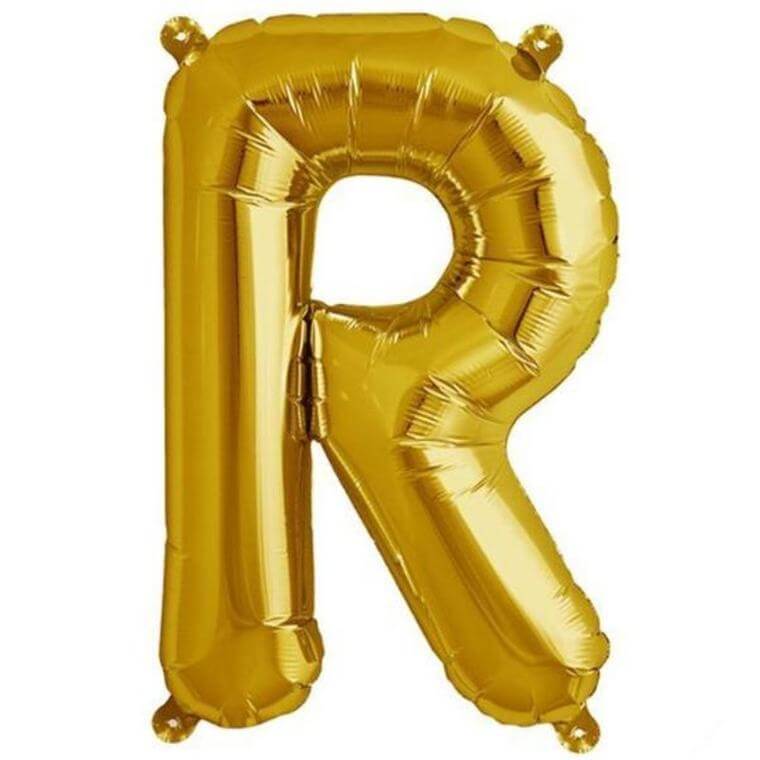 Gold foil letter R balloon on a plain background.