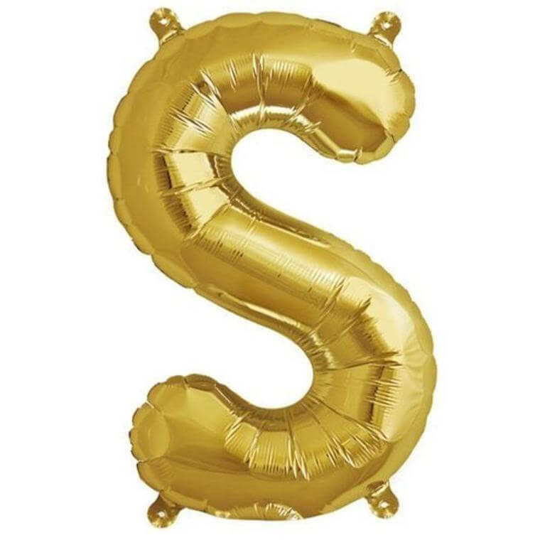 Gold foil letter S balloon, perfect for parties and celebrations.