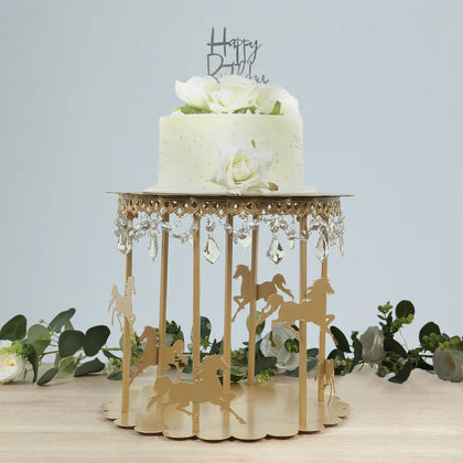 Metal Round Pedestal Cake Stand 14" Gold Carousel Design with Hanging Acrylic Beads - Glamorous Cupcake Holder Dessert Display for Buffets & Banquets