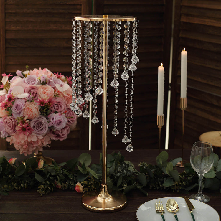 24inch Gold Metal Flower Stand Table Centerpiece with Spiral Hanging Beads, Crystal Flower Pedestal