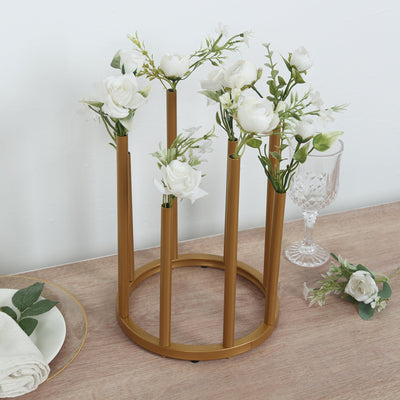 Gold Metal Flower Vase Centerpiece 10" 8-Tubes Minimalist Round Base Design - Single Stem Bud Vase for Floral Arrangements