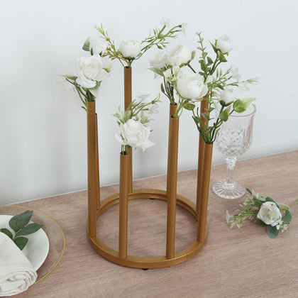 Gold Metal Flower Vase Centerpiece 10" 8-Tubes Minimalist Round Base Design - Single Stem Bud Vase for Floral Arrangements