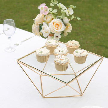 Gold Metal Geometric Cake Stand Display Centerpiece Pedestal Riser with Square Glass Top 12"