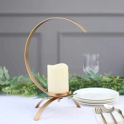 Gold Metal Moon Shaped Pillar Candle Holder 13", Tealight Hurricane Stand - Decorative Table Centerpiece