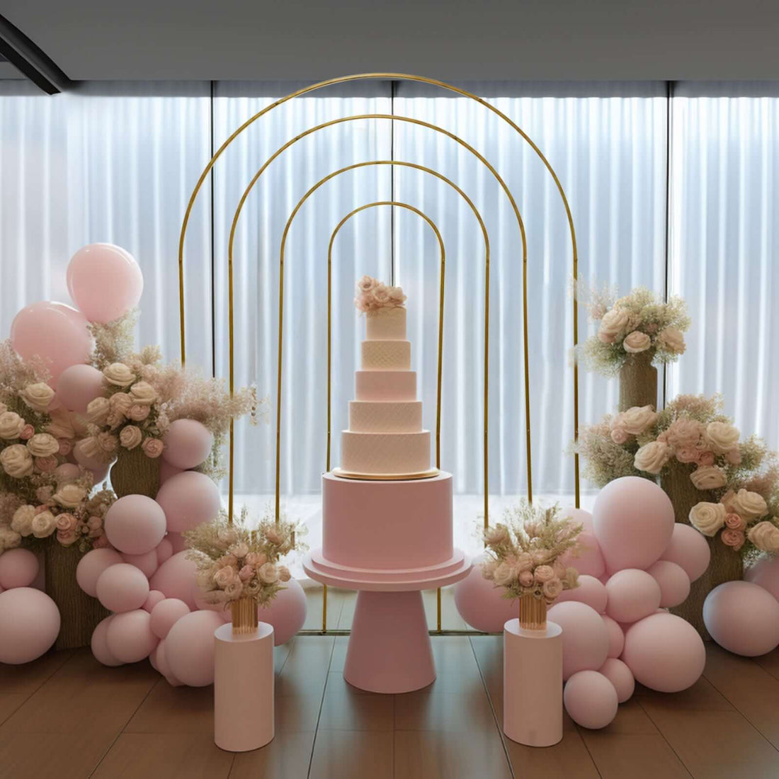 Elegant wedding cake with pink accents, surrounded by floral arrangements and balloons.