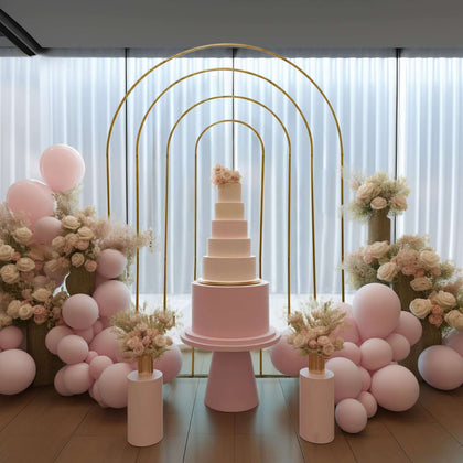 Gold Metal Multi-Layered Round Top Chiara Backdrop Stand, Rainbow Floral Frame Wedding Arch - 8ft