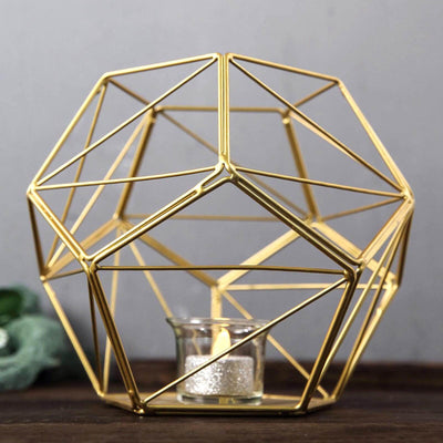 Gold Metal Tealight Candle Holder 7" Pentagon Prism Open Frame - Geometric Flower Stand