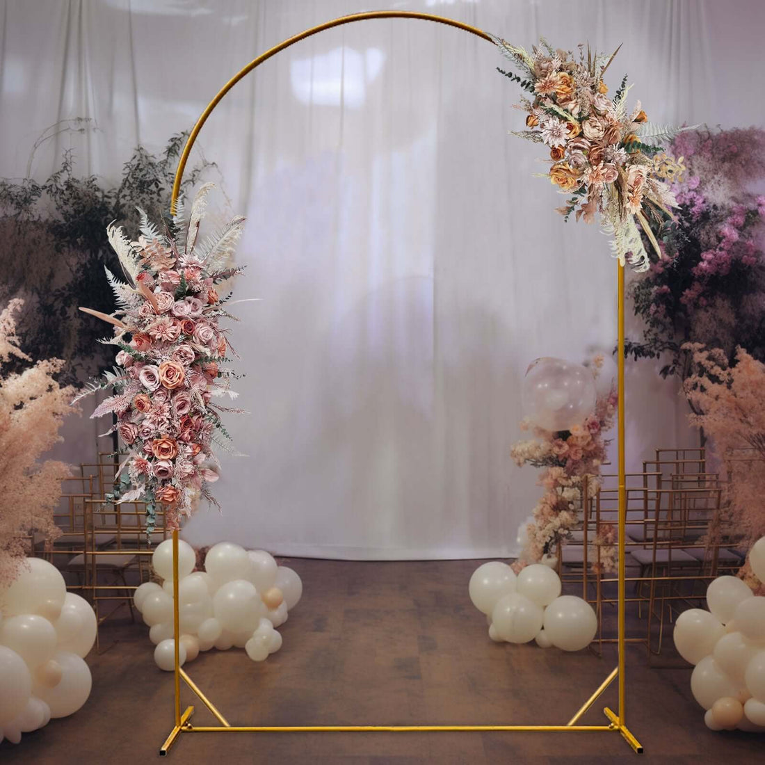 Elegant floral arch decoration for events and weddings.