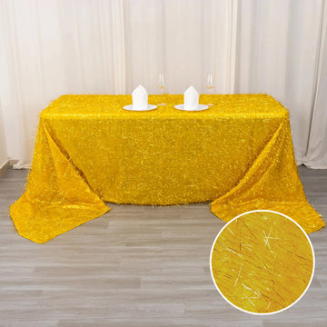 90"x156" Gold Metallic Fringe Shag Tinsel Rectangle Polyester Tablecloth