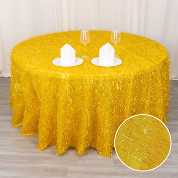 Gold Metallic Fringe Shag Tinsel Round Polyester Tablecloth 120"
