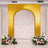 Golden arch backdrop with floral arrangements for events and weddings.