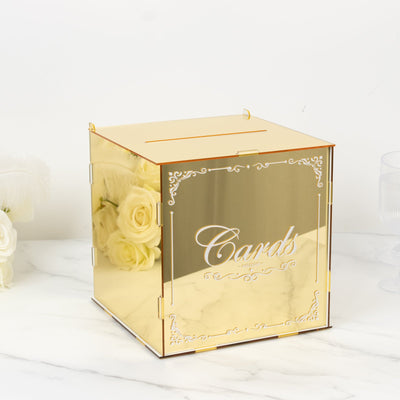 Gold Mirror Acrylic Wedding Card Box with Slot - Wishing Well Money Box for Weddings, Birthdays, and Parties - 10"