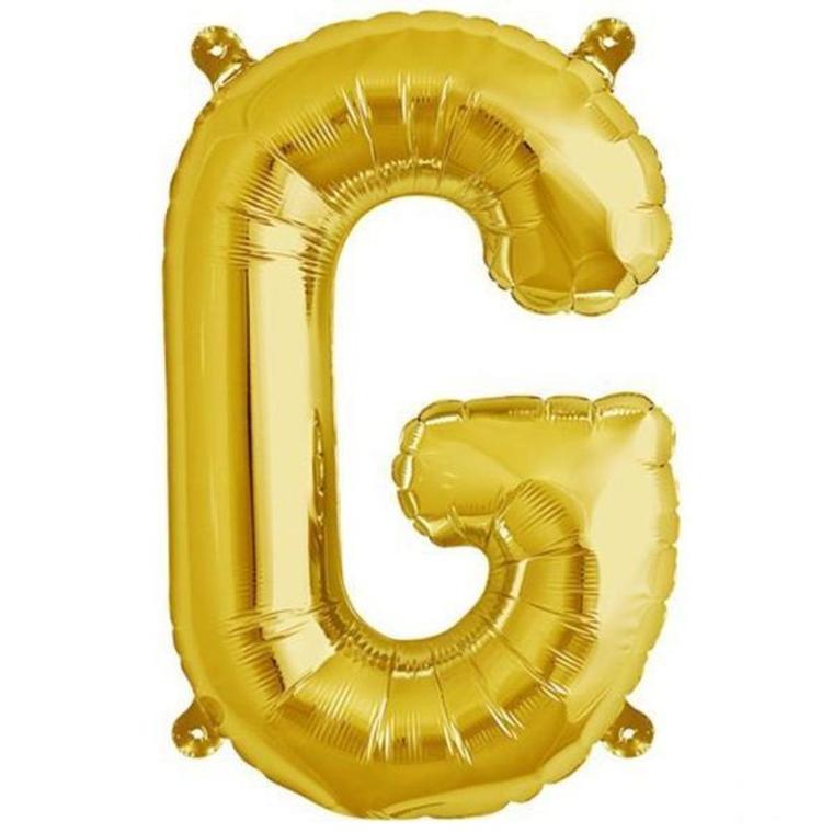 Gold foil balloon letter "G" on a plain background.