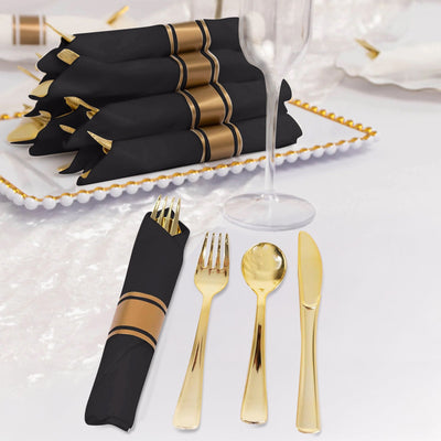 Set of 24 Plastic Silverware with Pre-Rolled Black Paper Napkins Gold - Disposable Wrapped Cutlery Set