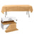 Cut-to-size beige plastic tablecloth on a folding table with packaging box.