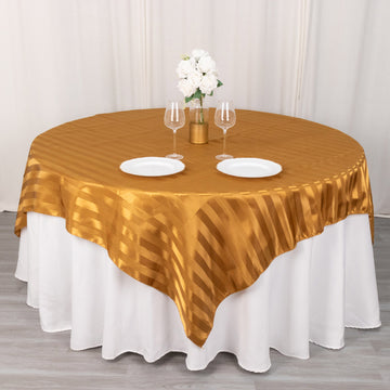 Elevate Your Event with the Gold Satin Stripe Square Table Overlay