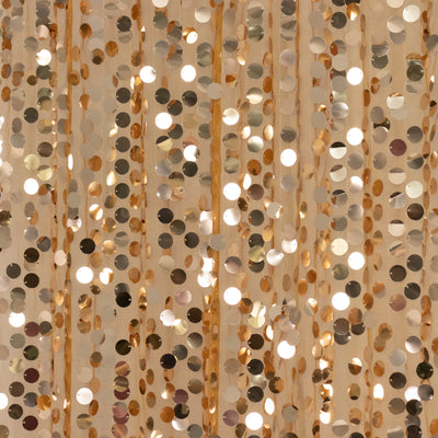 Gold sequin curtain backdrop with shimmering metallic discs