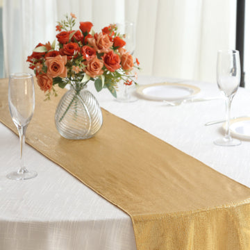 Gold Shimmer Sequin Dots Polyester Table Runner, Wrinkle Free Sparkle Glitter Table Runner 12"x108"