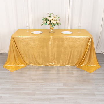 90"x132" Gold Shimmer Sequin Dots Polyester Tablecloth, Wrinkle Free Sparkle Glitter Tablecover