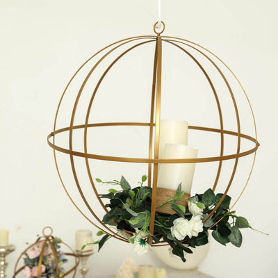 Gold Wrought Iron Candle Holder Centerpiece 12" Open Frame Hanging Sphere - Floral Display Accent