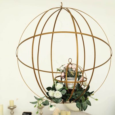 Gold Wrought Iron Candle Holder Centerpiece 24" Open Frame Hanging Sphere - Event Floral Display