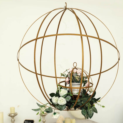 Gold Wrought Iron Candle Holder Centerpiece 24" Open Frame Hanging Sphere - Event Floral Display