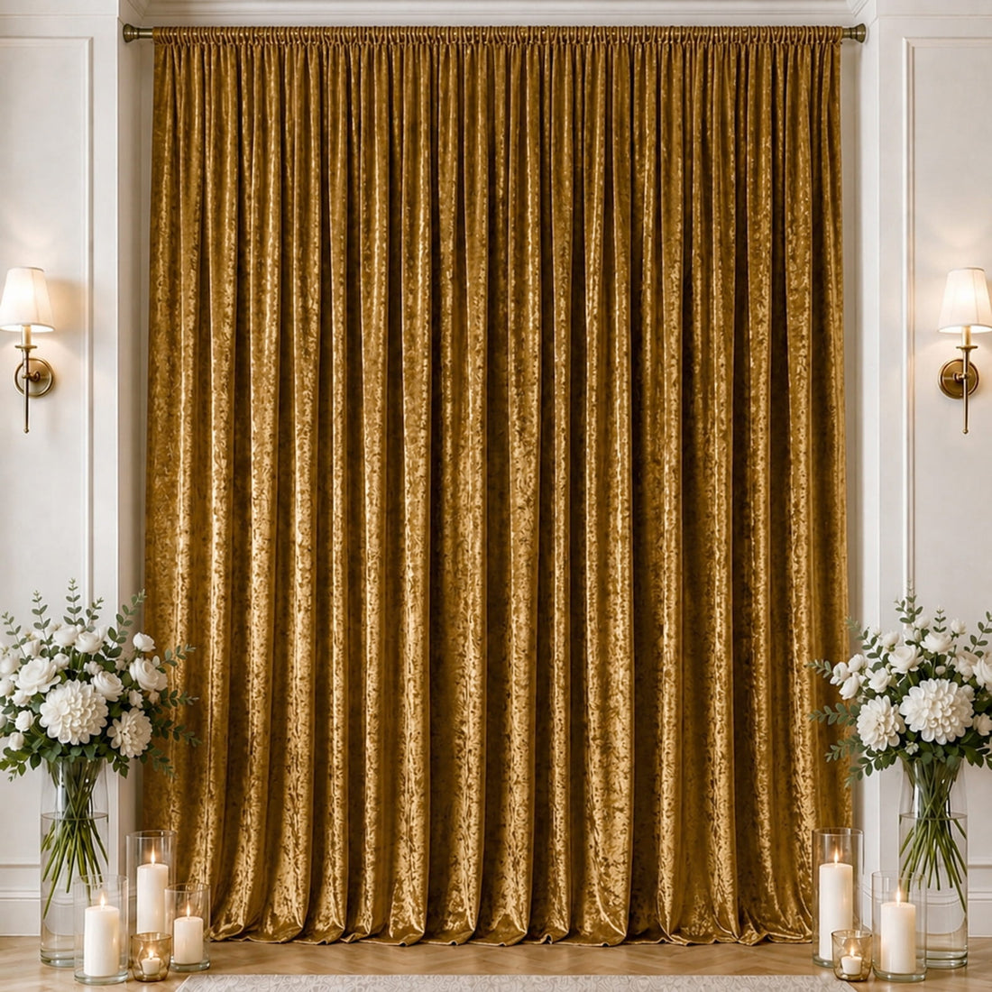 Golden velvet curtains with candles and white floral arrangements in an elegant room