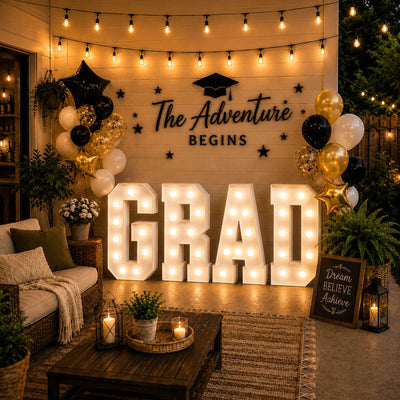 Graduation party backdrop with “The Adventure Begins” sign and GRAD lights