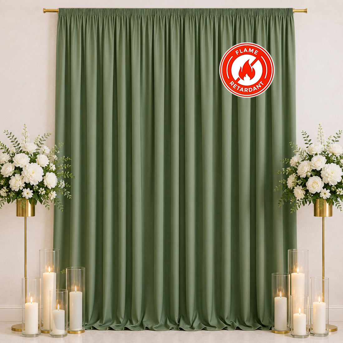 Green flame retardant curtain backdrop with floral decor and candles